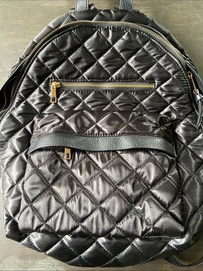 BLACK QUILTED SATIN NYLON BACKPACK GOLD ZIPPERS NWOT